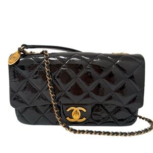 RARE Chanel Paris Limited Edition Classic Navy Caviar & Black Patent Flap Bag